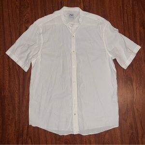 Zara Men’s White Short-Sleeve Button-Down Band Collar Shirt